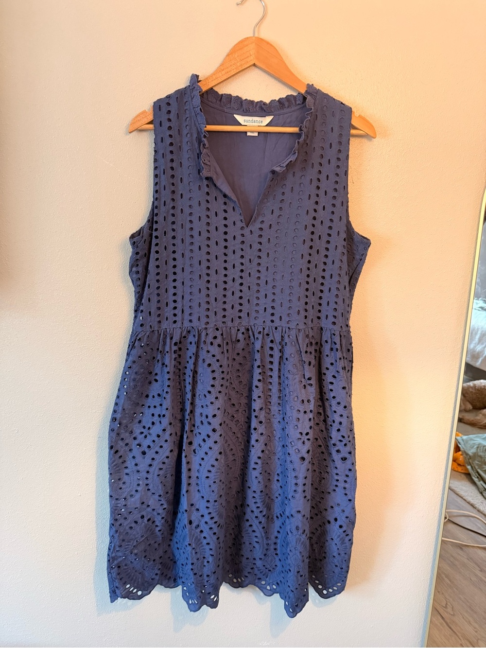 Sundance Navy blue Eyelet lace 100 Cotton dress ruffle neckline